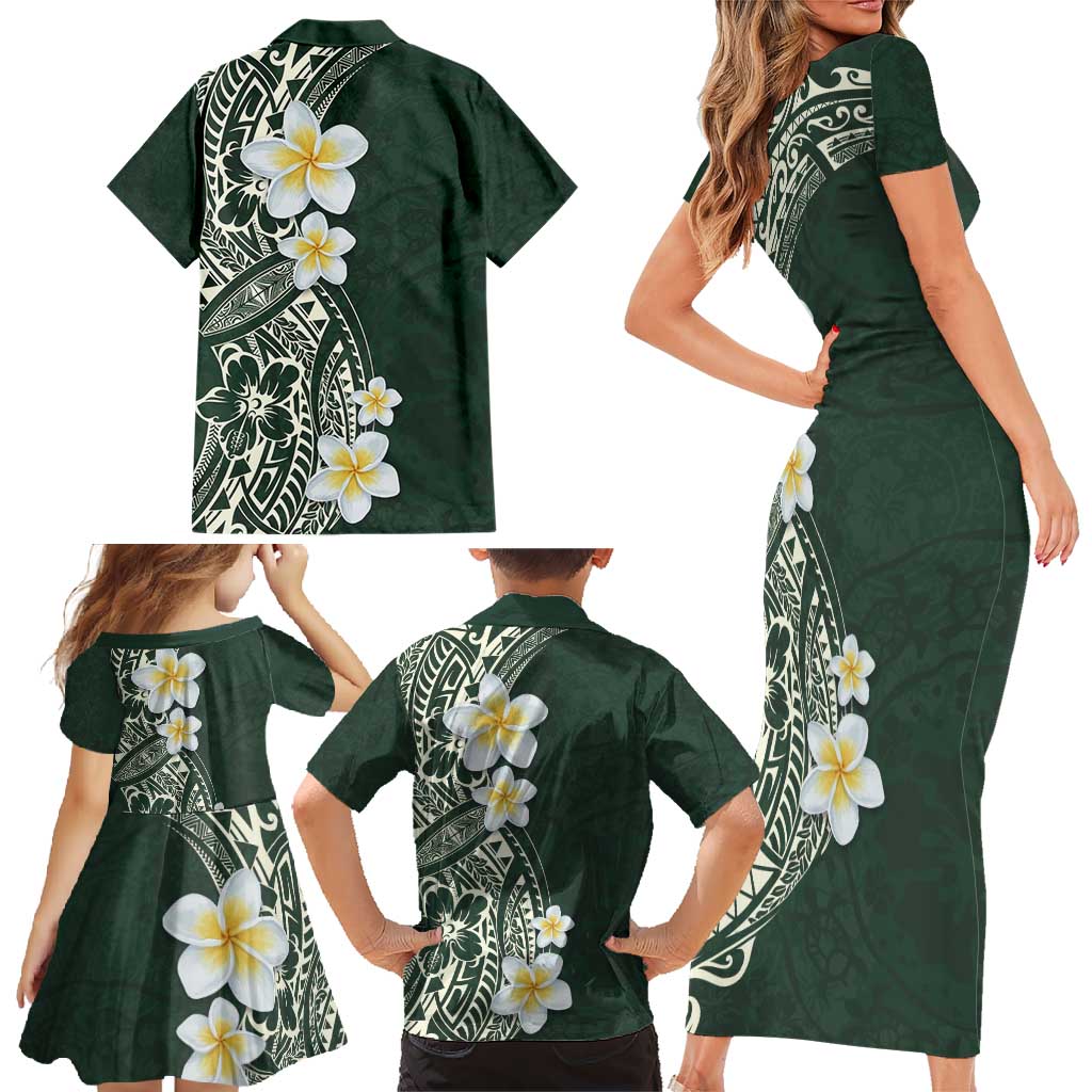 Plumeria Family Matching Short Sleeve Bodycon Dress and Hawaiian Shirt Polynesian Tribal Frangipani Green LT03 - Polynesian Pride