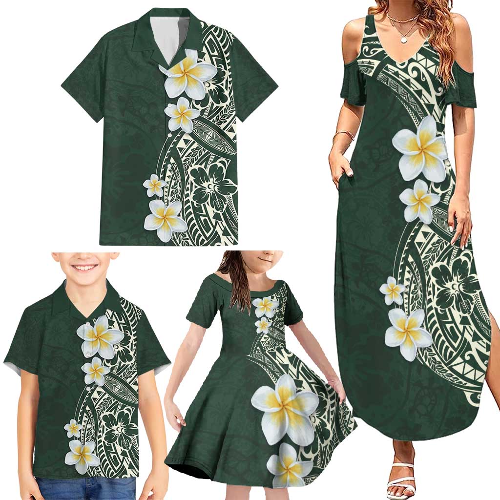 Plumeria Family Matching Summer Maxi Dress and Hawaiian Shirt Polynesian Tribal Frangipani Green LT03 - Polynesian Pride