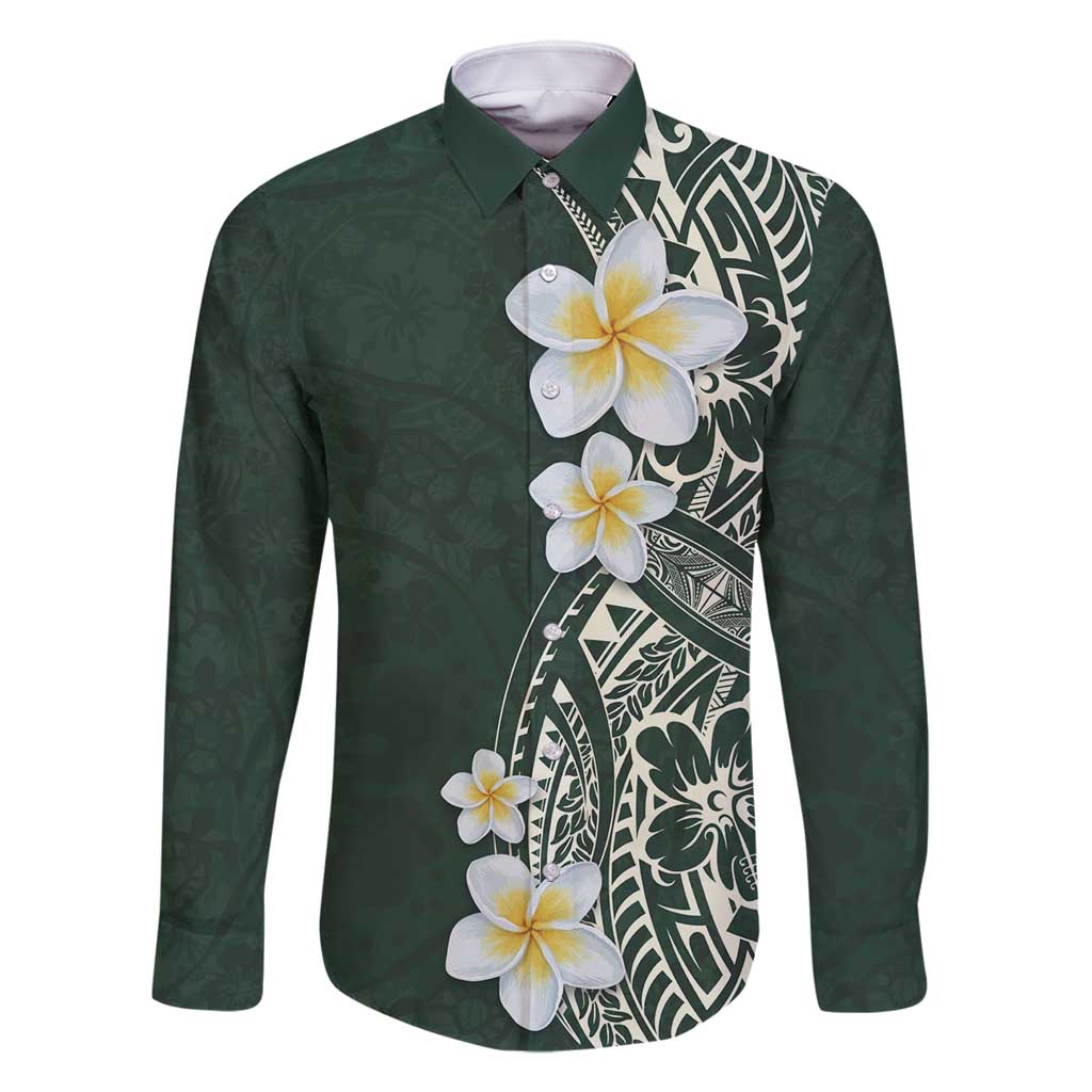 Plumeria Family Matching Tank Maxi Dress and Hawaiian Shirt Polynesian Tribal Frangipani Green LT03 Dad's Shirt - Long Sleeve Green - Polynesian Pride