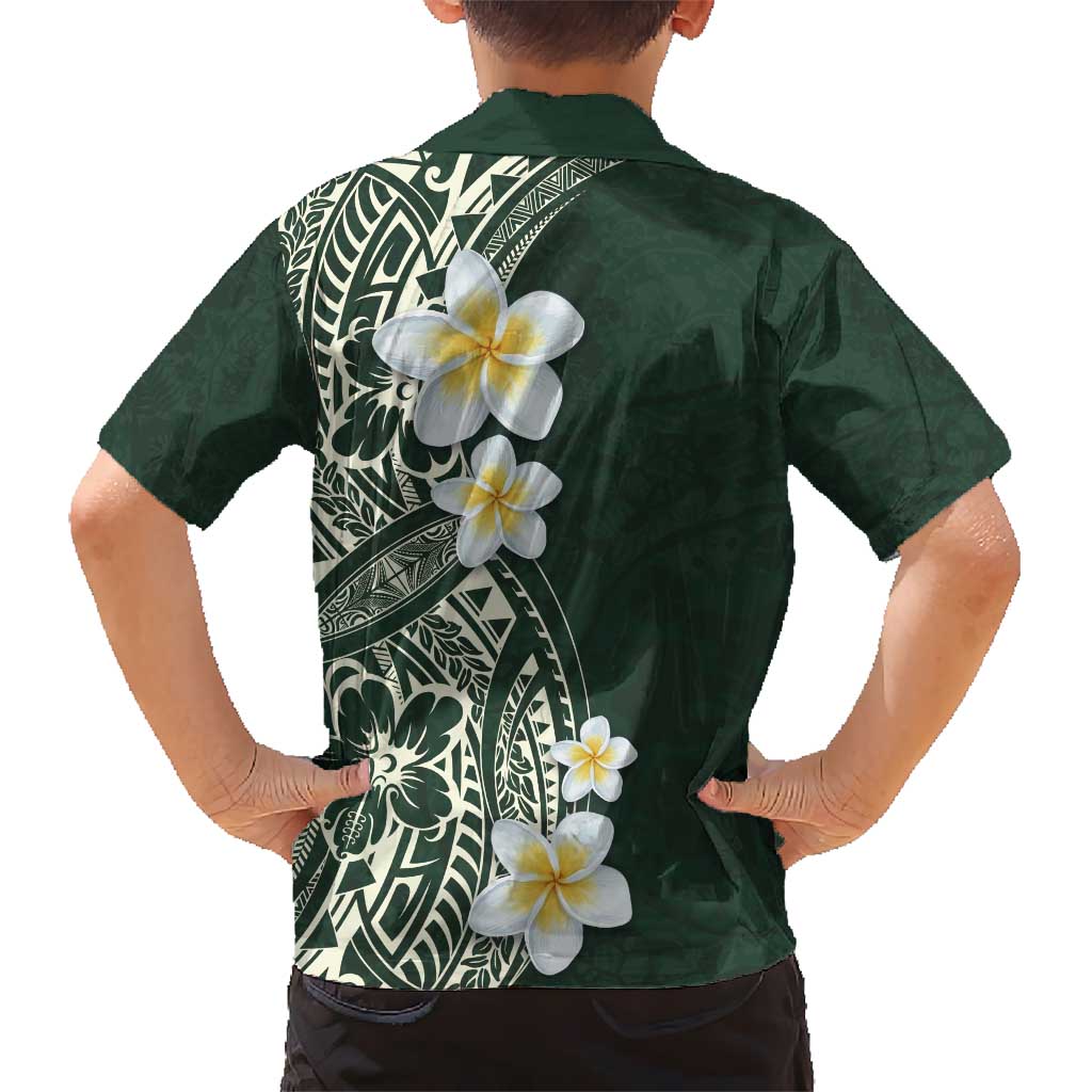Plumeria Kid Hawaiian Shirt Polynesian Tribal Frangipani Green