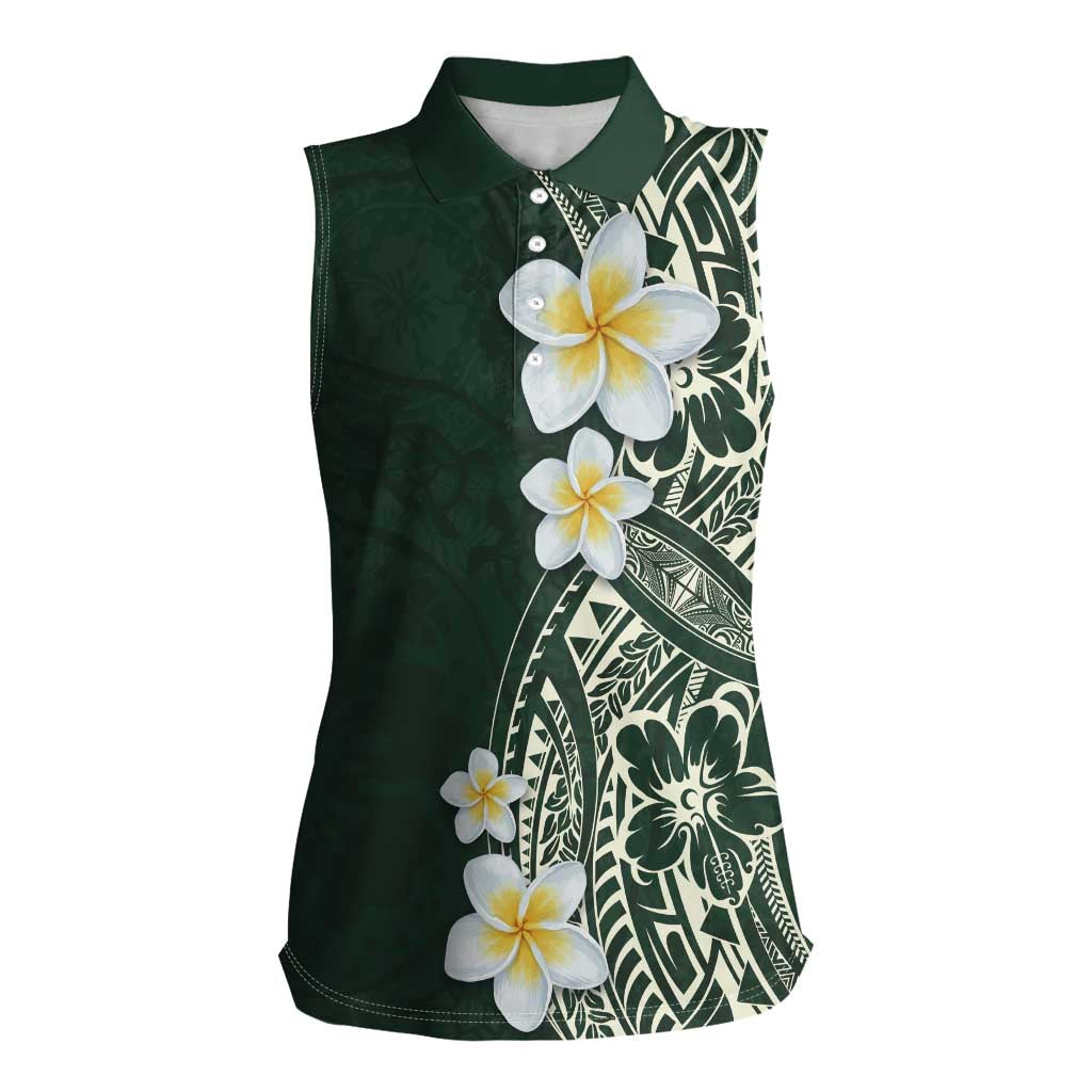 Plumeria Women Sleeveless Polo Shirt Polynesian Tribal Frangipani Green