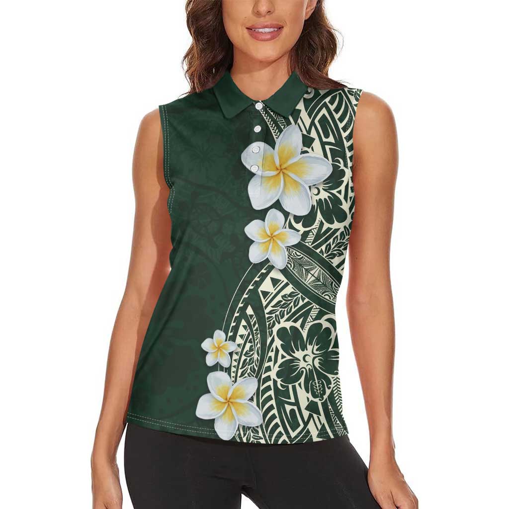 Plumeria Women Sleeveless Polo Shirt Polynesian Tribal Frangipani Green