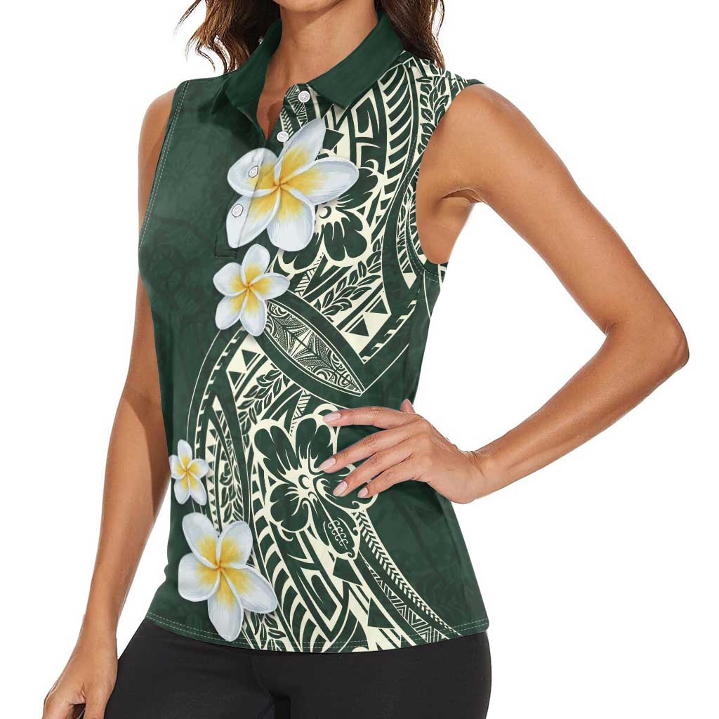 Plumeria Women Sleeveless Polo Shirt Polynesian Tribal Frangipani Green