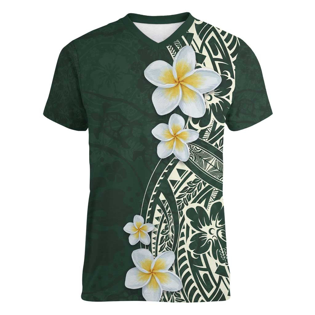 Plumeria Women V-Neck T-Shirt Polynesian Tribal Frangipani Green