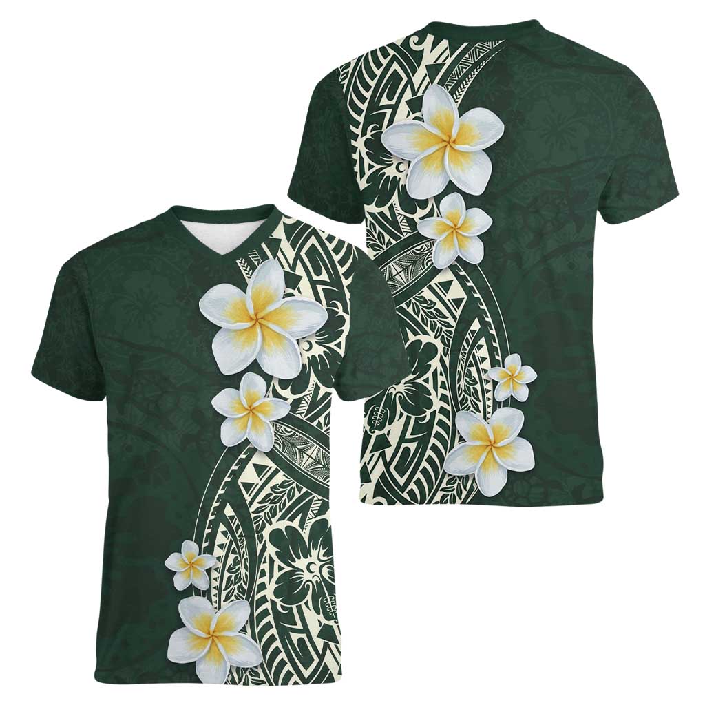 Plumeria Women V-Neck T-Shirt Polynesian Tribal Frangipani Green