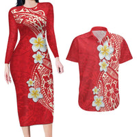Plumeria Couples Matching Long Sleeve Bodycon Dress and Hawaiian Shirt Polynesian Tribal Frangipani Red LT03 Red - Polynesian Pride