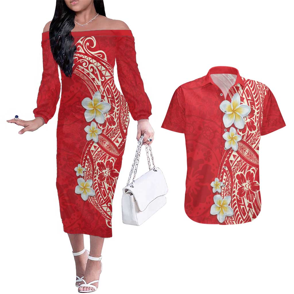 Plumeria Couples Matching Off The Shoulder Long Sleeve Dress and Hawaiian Shirt Polynesian Tribal Frangipani Red LT03 Red - Polynesian Pride