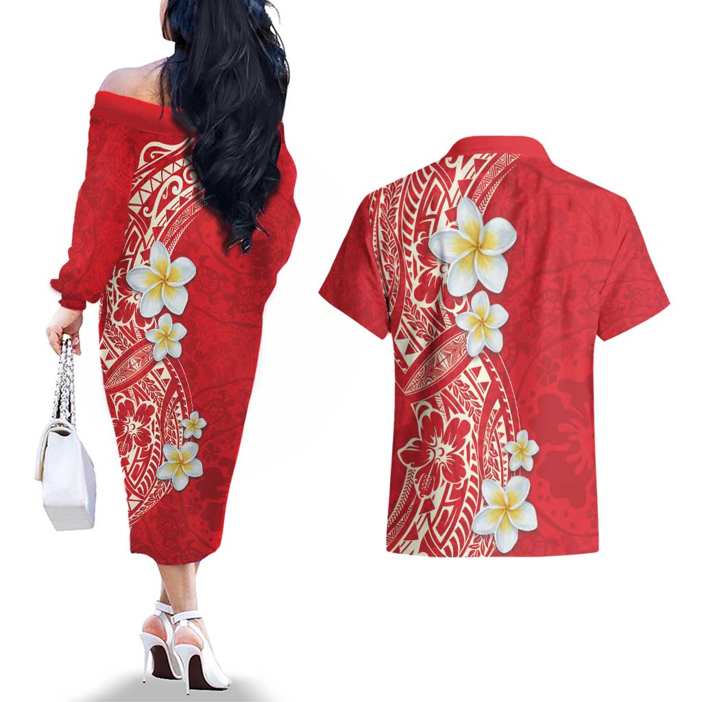 Plumeria Couples Matching Off The Shoulder Long Sleeve Dress and Hawaiian Shirt Polynesian Tribal Frangipani Red LT03 - Polynesian Pride