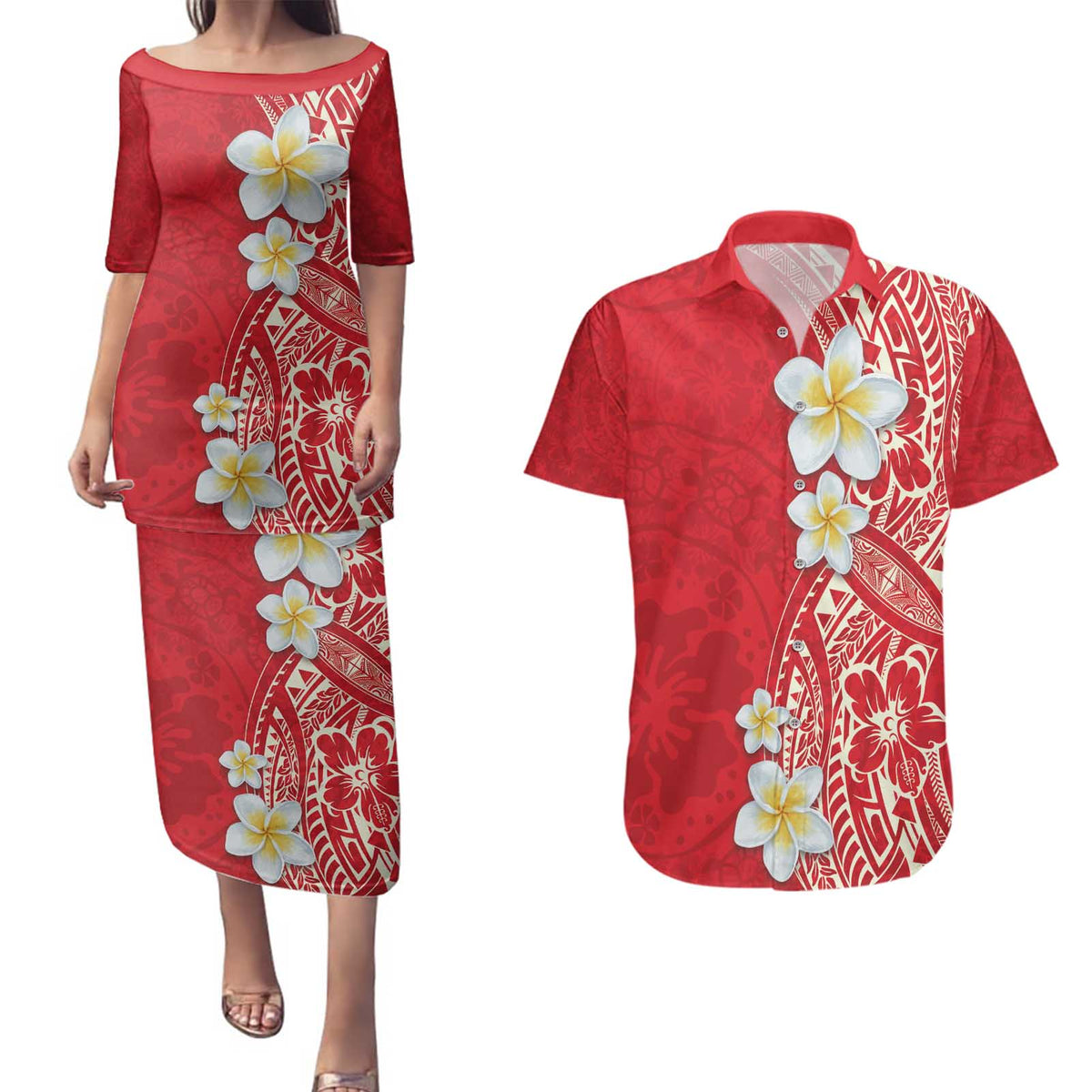 Plumeria Couples Matching Puletasi and Hawaiian Shirt Polynesian Tribal Frangipani Red