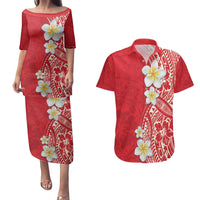 Plumeria Couples Matching Puletasi and Hawaiian Shirt Polynesian Tribal Frangipani Red