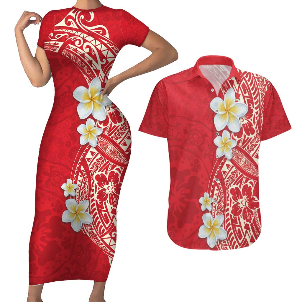 Plumeria Couples Matching Short Sleeve Bodycon Dress and Hawaiian Shirt Polynesian Tribal Frangipani Red LT03 Red - Polynesian Pride