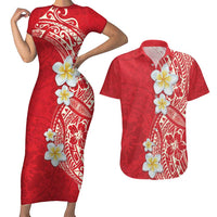 Plumeria Couples Matching Short Sleeve Bodycon Dress and Hawaiian Shirt Polynesian Tribal Frangipani Red LT03 Red - Polynesian Pride