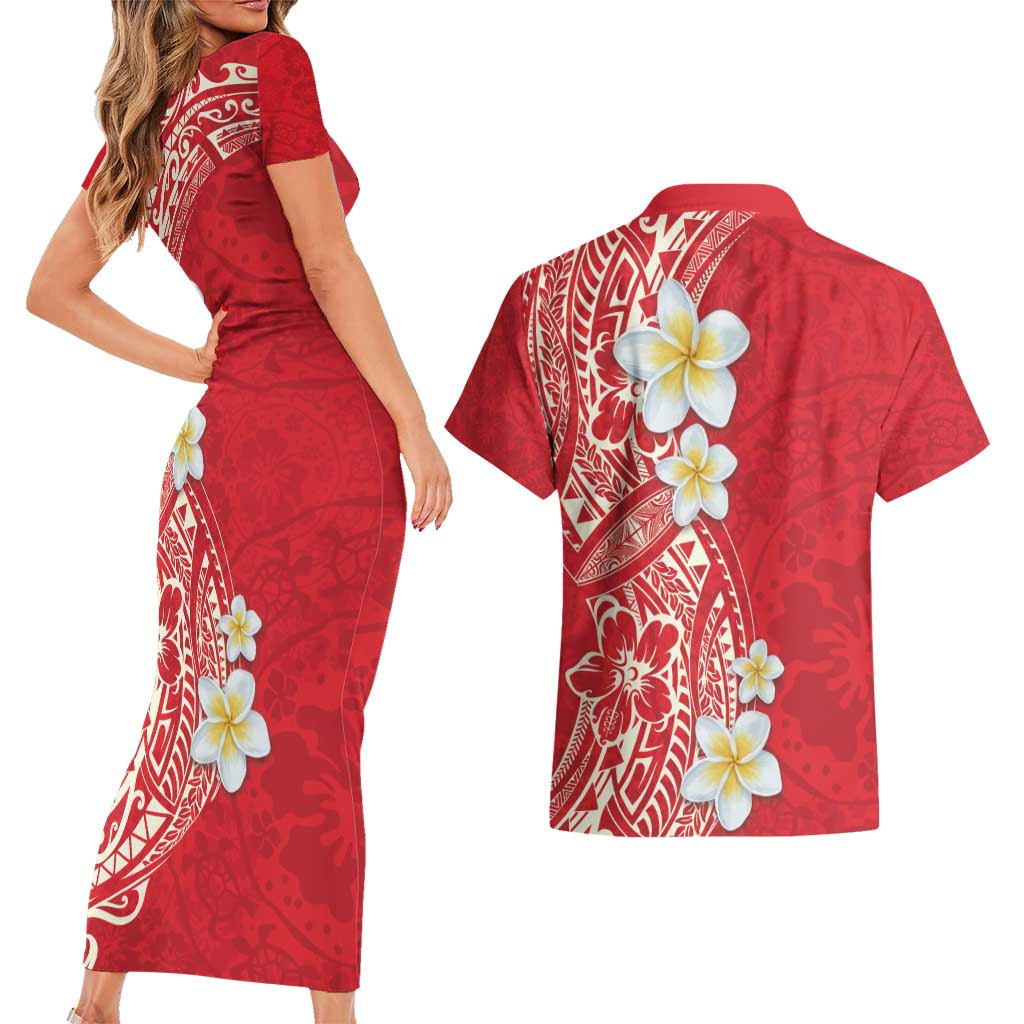 Plumeria Couples Matching Short Sleeve Bodycon Dress and Hawaiian Shirt Polynesian Tribal Frangipani Red LT03 - Polynesian Pride