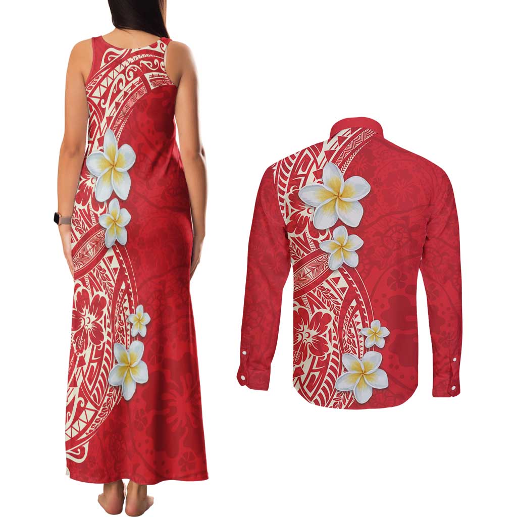Plumeria Couples Matching Tank Maxi Dress and Long Sleeve Button Shirt Polynesian Tribal Frangipani Red