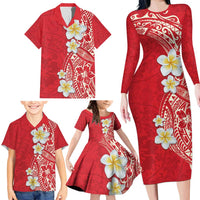 Plumeria Family Matching Long Sleeve Bodycon Dress and Hawaiian Shirt Polynesian Tribal Frangipani Red LT03 - Polynesian Pride
