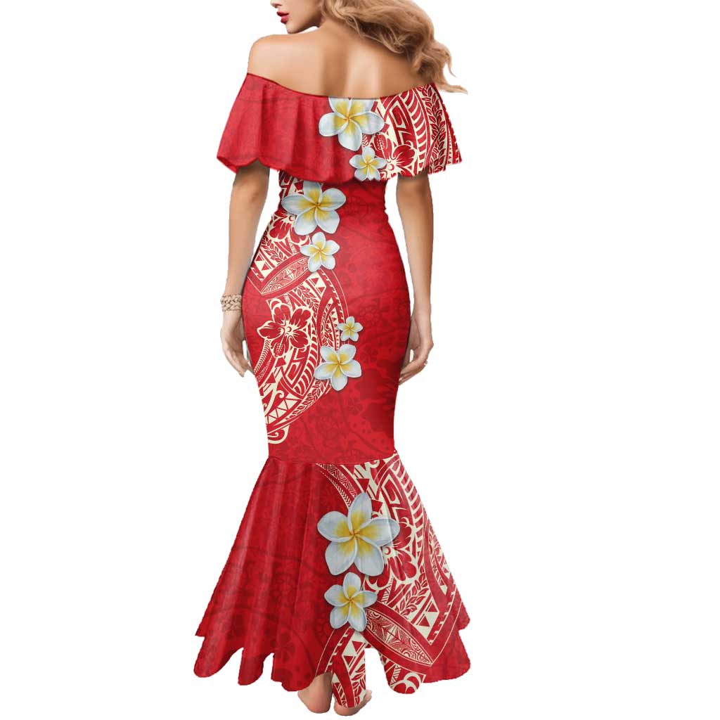 Plumeria Family Matching Mermaid Dress and Hawaiian Shirt Polynesian Tribal Frangipani Red LT03 - Polynesian Pride