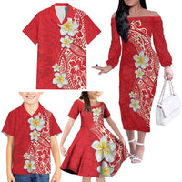 Plumeria Family Matching Off The Shoulder Long Sleeve Dress and Hawaiian Shirt Polynesian Tribal Frangipani Red LT03 - Polynesian Pride