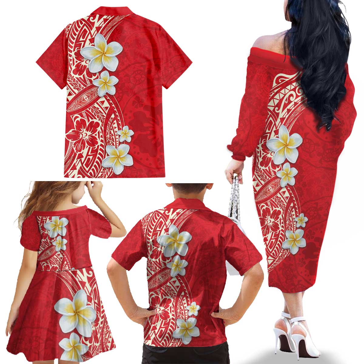 Plumeria Family Matching Off The Shoulder Long Sleeve Dress and Hawaiian Shirt Polynesian Tribal Frangipani Red LT03 - Polynesian Pride