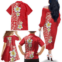 Plumeria Family Matching Off The Shoulder Long Sleeve Dress and Hawaiian Shirt Polynesian Tribal Frangipani Red LT03 - Polynesian Pride