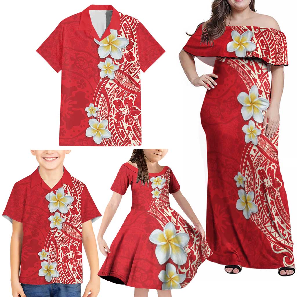 Plumeria Family Matching Off Shoulder Maxi Dress and Hawaiian Shirt Polynesian Tribal Frangipani Red LT03 - Polynesian Pride