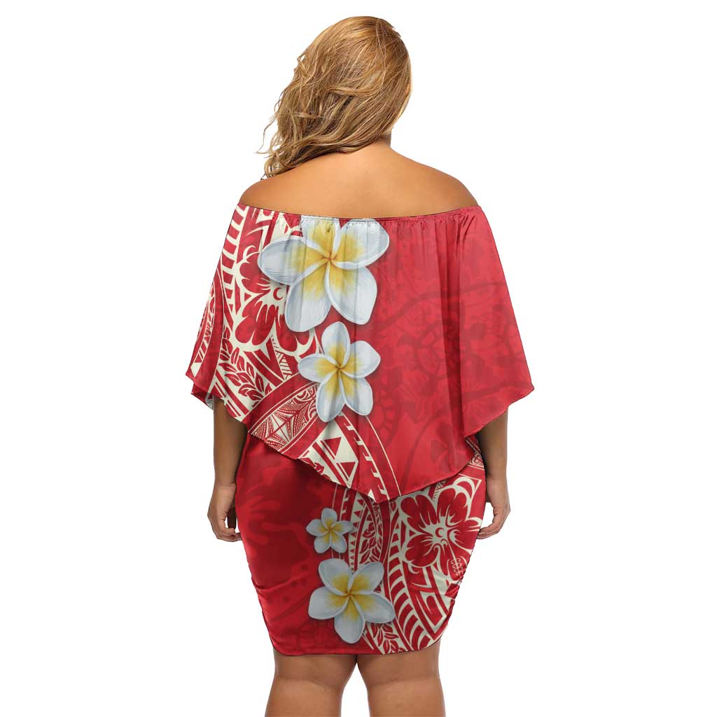 Plumeria Family Matching Off Shoulder Short Dress and Hawaiian Shirt Polynesian Tribal Frangipani Red LT03 - Polynesian Pride