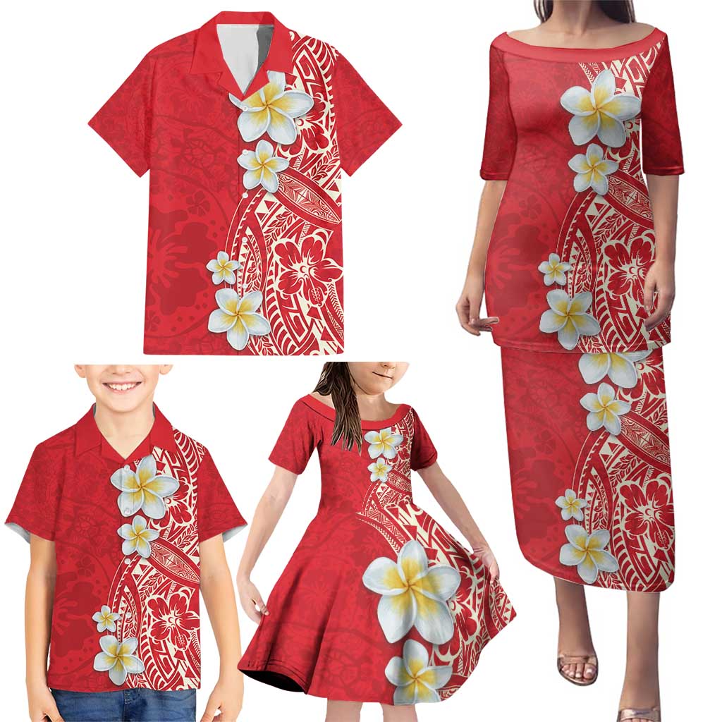 Plumeria Family Matching Puletasi and Hawaiian Shirt Polynesian Tribal Frangipani Red LT03 - Polynesian Pride