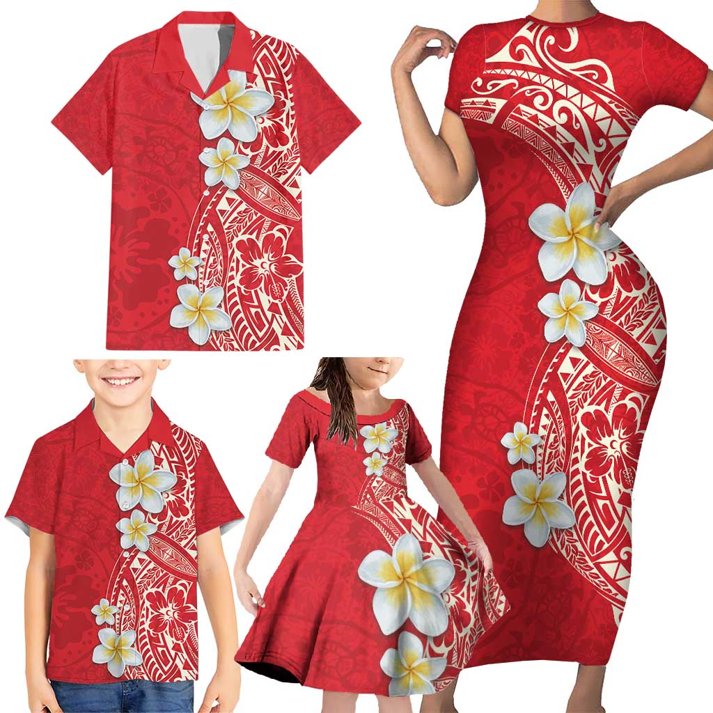 Plumeria Family Matching Short Sleeve Bodycon Dress and Hawaiian Shirt Polynesian Tribal Frangipani Red LT03 - Polynesian Pride