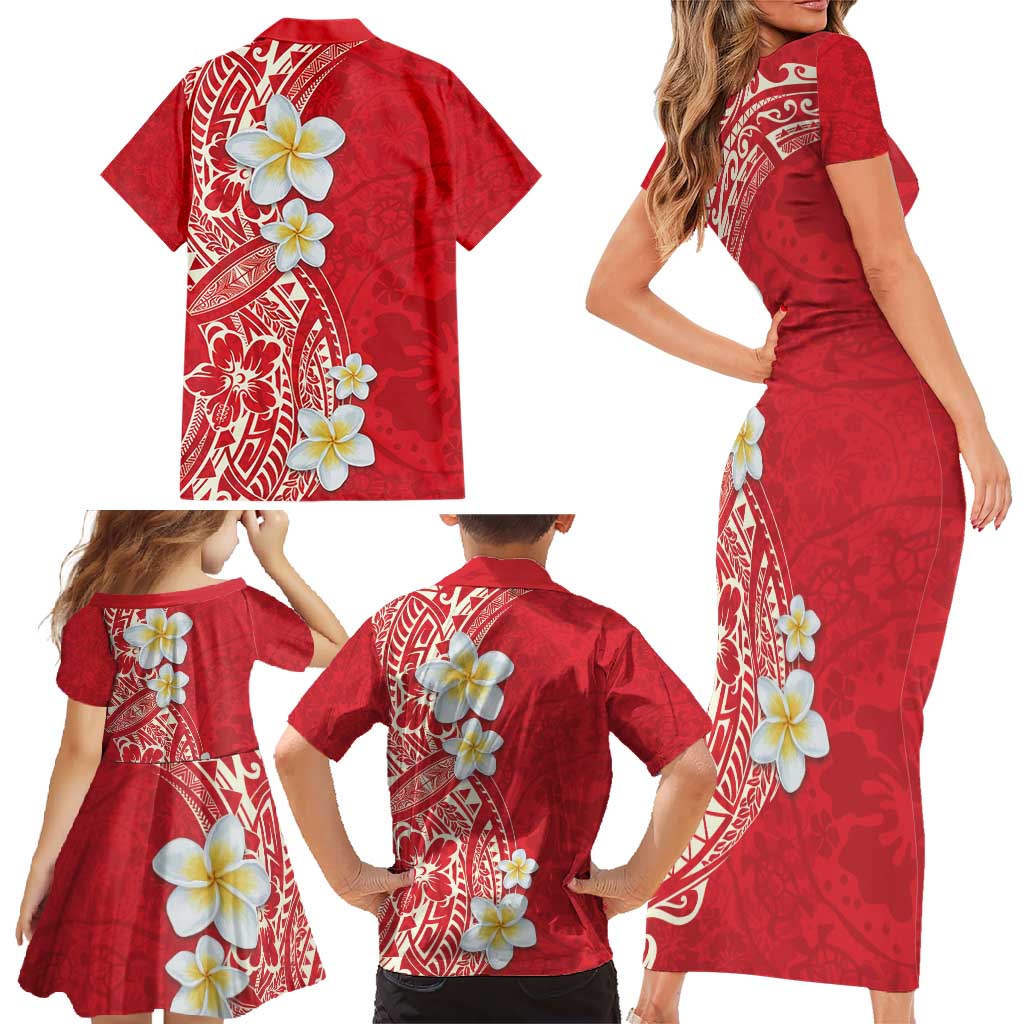 Plumeria Family Matching Short Sleeve Bodycon Dress and Hawaiian Shirt Polynesian Tribal Frangipani Red LT03 - Polynesian Pride