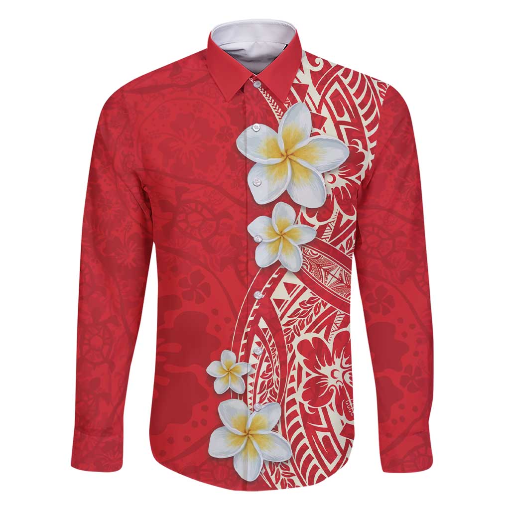 Plumeria Family Matching Short Sleeve Bodycon Dress and Hawaiian Shirt Polynesian Tribal Frangipani Red LT03 Dad's Shirt - Long Sleeve Red - Polynesian Pride