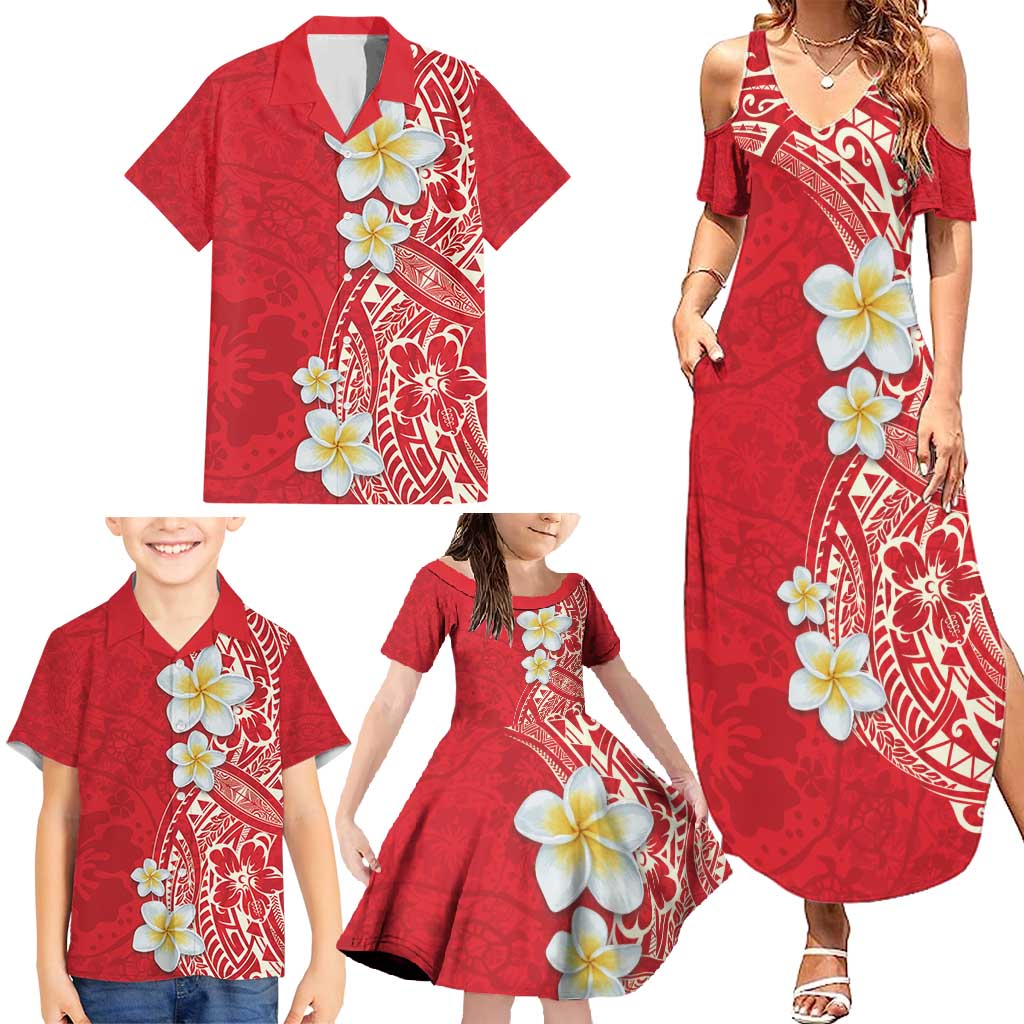 Plumeria Family Matching Summer Maxi Dress and Hawaiian Shirt Polynesian Tribal Frangipani Red LT03 - Polynesian Pride