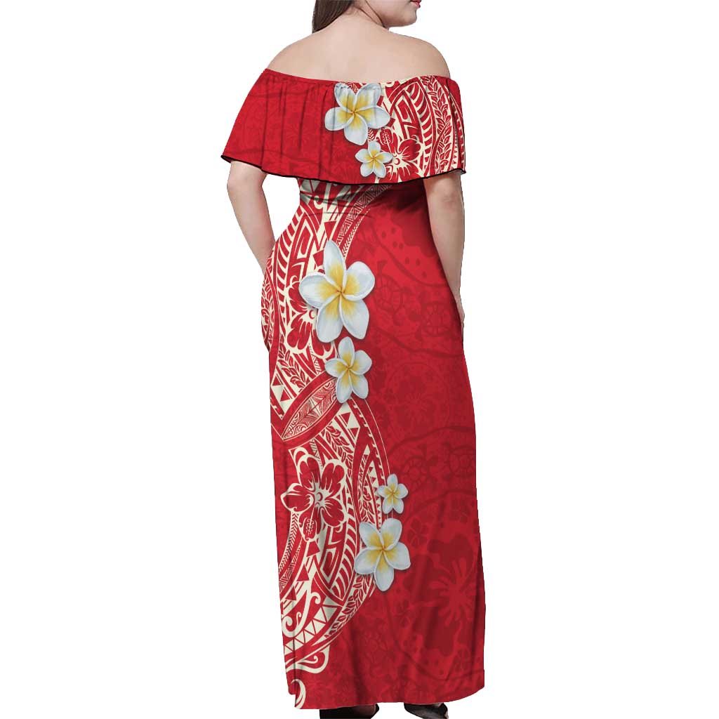 Plumeria Off Shoulder Maxi Dress Polynesian Tribal Frangipani Red