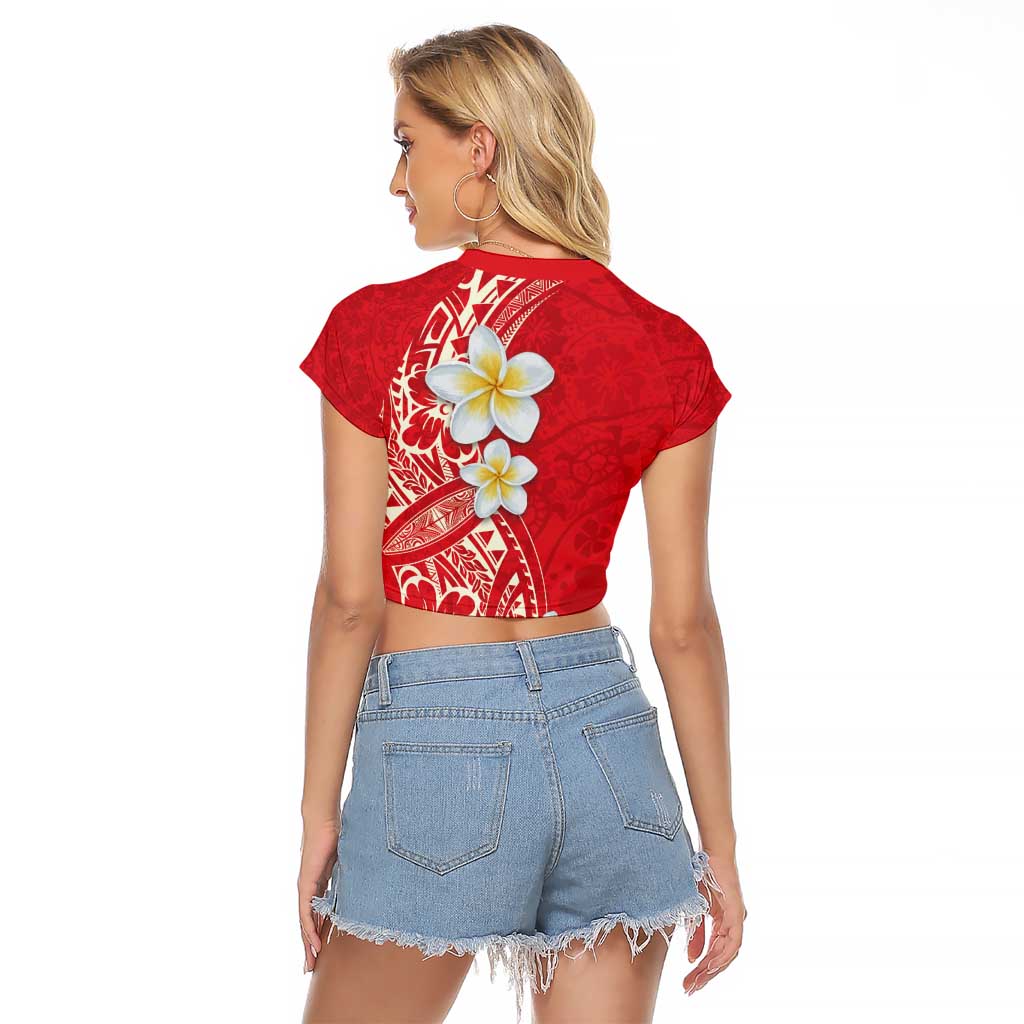 Plumeria Raglan Cropped T Shirt Polynesian Tribal Frangipani Red