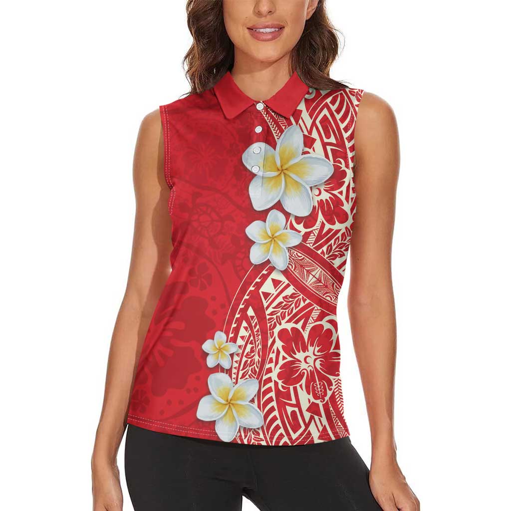 Plumeria Women Sleeveless Polo Shirt Polynesian Tribal Frangipani Red
