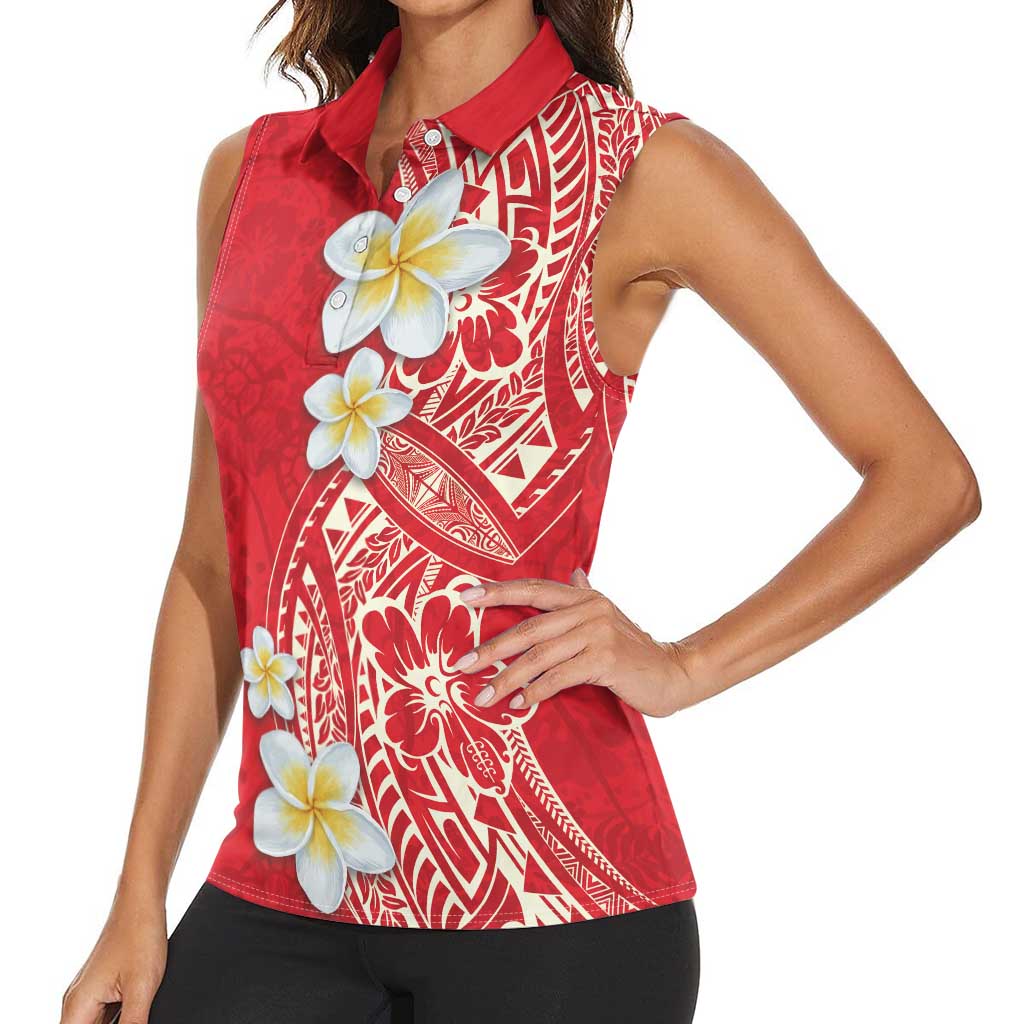 Plumeria Women Sleeveless Polo Shirt Polynesian Tribal Frangipani Red