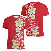Plumeria Women V-Neck T-Shirt Polynesian Tribal Frangipani Red