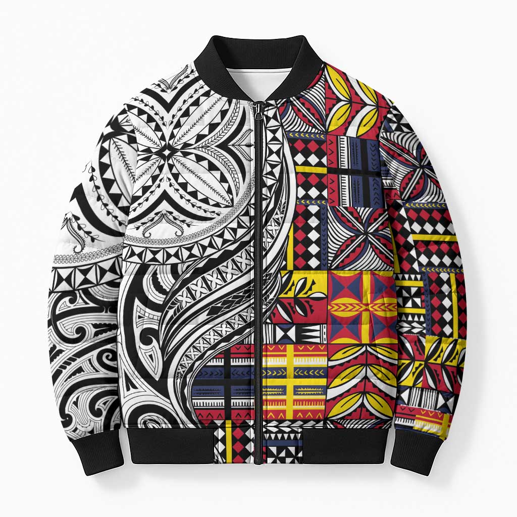 Niue Hiapo and Maori Decoration Tattoos Bomber Puffer Jacket LT03 Unisex White - Polynesian Pride