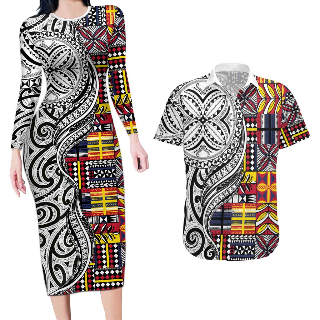 Niue Hiapo and Maori Decoration Tattoos Couples Matching Long Sleeve Bodycon Dress and Hawaiian Shirt LT03 White - Polynesian Pride