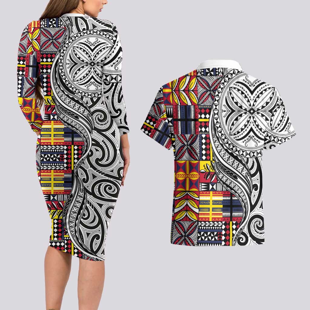 Niue Hiapo and Maori Decoration Tattoos Couples Matching Long Sleeve Bodycon Dress and Hawaiian Shirt LT03 - Polynesian Pride
