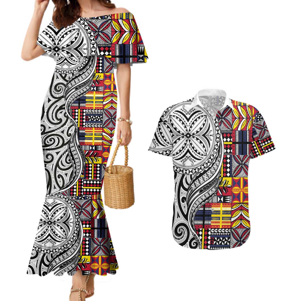 Niue Hiapo and Maori Decoration Tattoos Couples Matching Mermaid Dress and Hawaiian Shirt LT03 White - Polynesian Pride