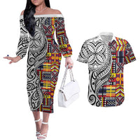 Niue Hiapo and Maori Decoration Tattoos Couples Matching Off The Shoulder Long Sleeve Dress and Hawaiian Shirt LT03 White - Polynesian Pride