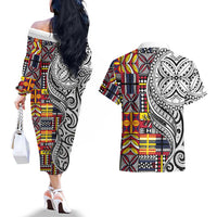 Niue Hiapo and Maori Decoration Tattoos Couples Matching Off The Shoulder Long Sleeve Dress and Hawaiian Shirt LT03 - Polynesian Pride