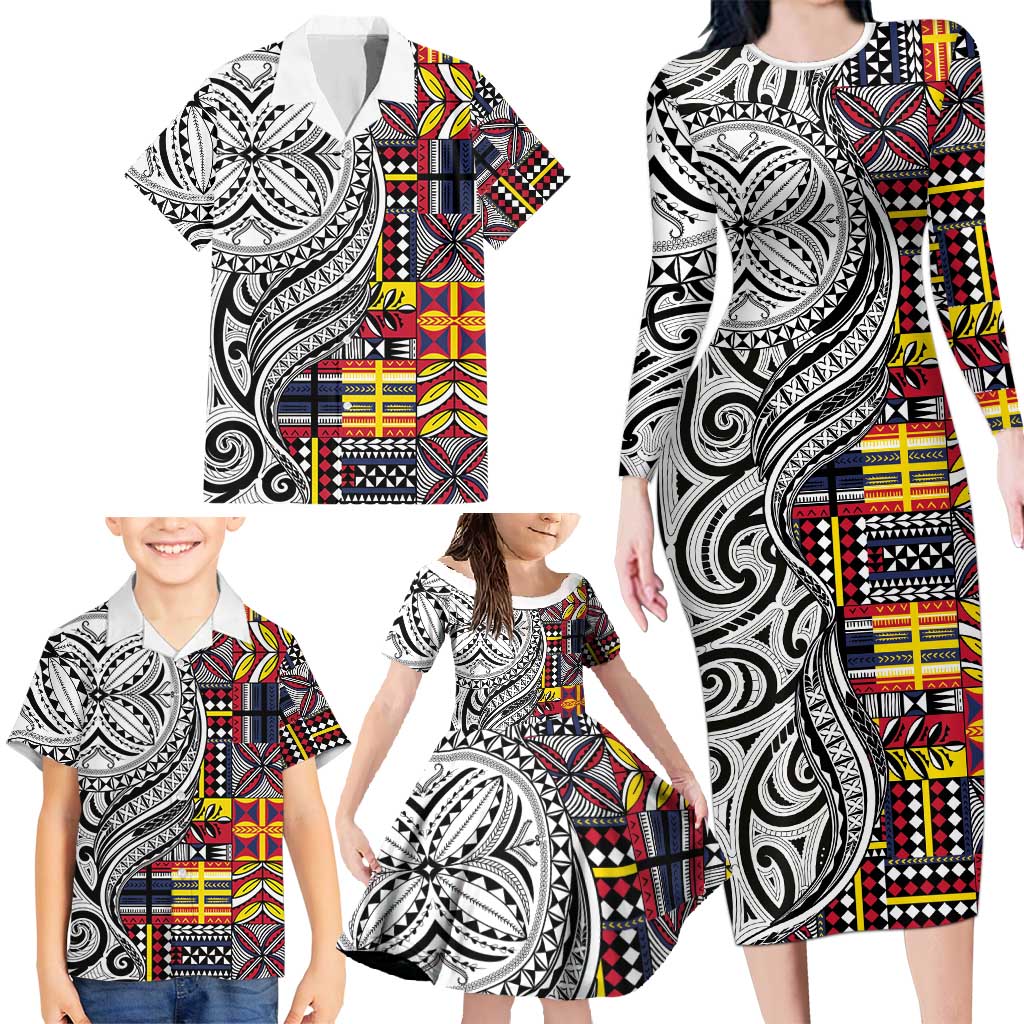 Niue Hiapo and Maori Decoration Tattoos Family Matching Long Sleeve Bodycon Dress and Hawaiian Shirt LT03 - Polynesian Pride