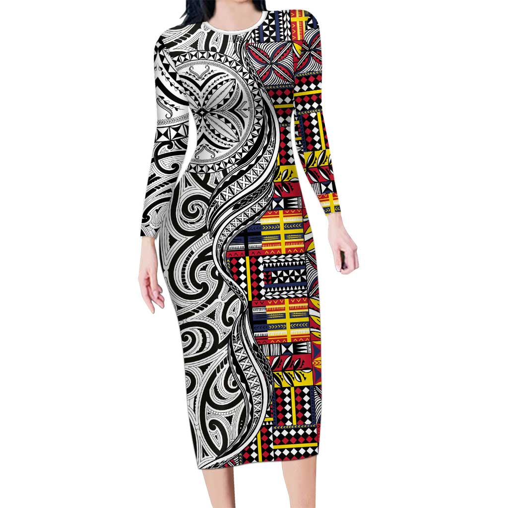Niue Hiapo and Maori Decoration Tattoos Family Matching Long Sleeve Bodycon Dress and Hawaiian Shirt LT03 Mom's Dress White - Polynesian Pride