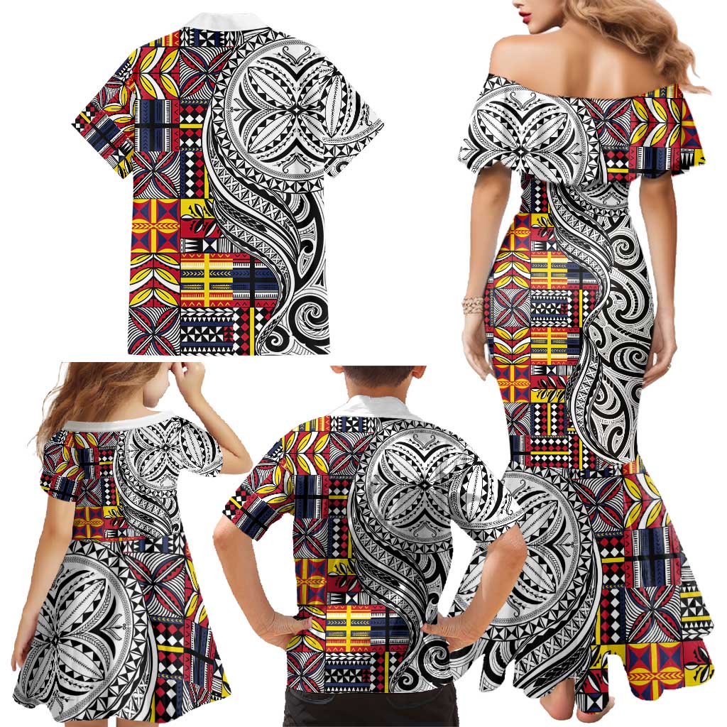 Niue Hiapo and Maori Decoration Tattoos Family Matching Mermaid Dress and Hawaiian Shirt LT03 - Polynesian Pride