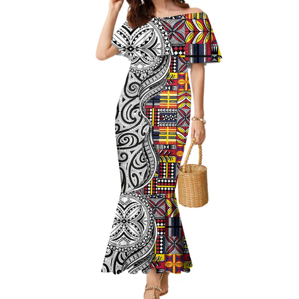 Niue Hiapo and Maori Decoration Tattoos Family Matching Mermaid Dress and Hawaiian Shirt LT03 Mom's Dress White - Polynesian Pride