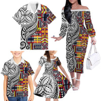 Niue Hiapo and Maori Decoration Tattoos Family Matching Off The Shoulder Long Sleeve Dress and Hawaiian Shirt LT03 - Polynesian Pride