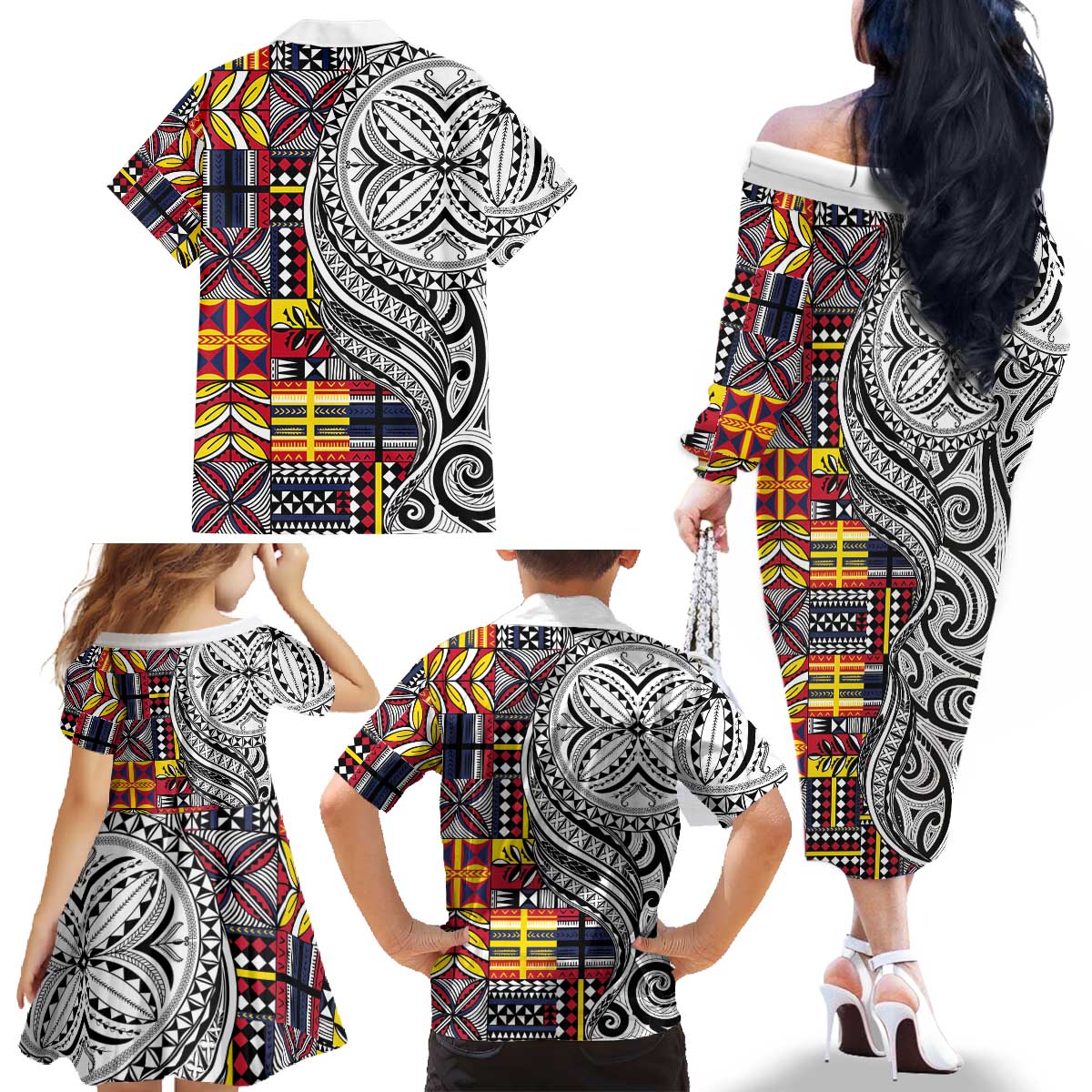 Niue Hiapo and Maori Decoration Tattoos Family Matching Off The Shoulder Long Sleeve Dress and Hawaiian Shirt LT03 - Polynesian Pride