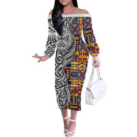 Niue Hiapo and Maori Decoration Tattoos Family Matching Off The Shoulder Long Sleeve Dress and Hawaiian Shirt LT03 Mom's Dress White - Polynesian Pride