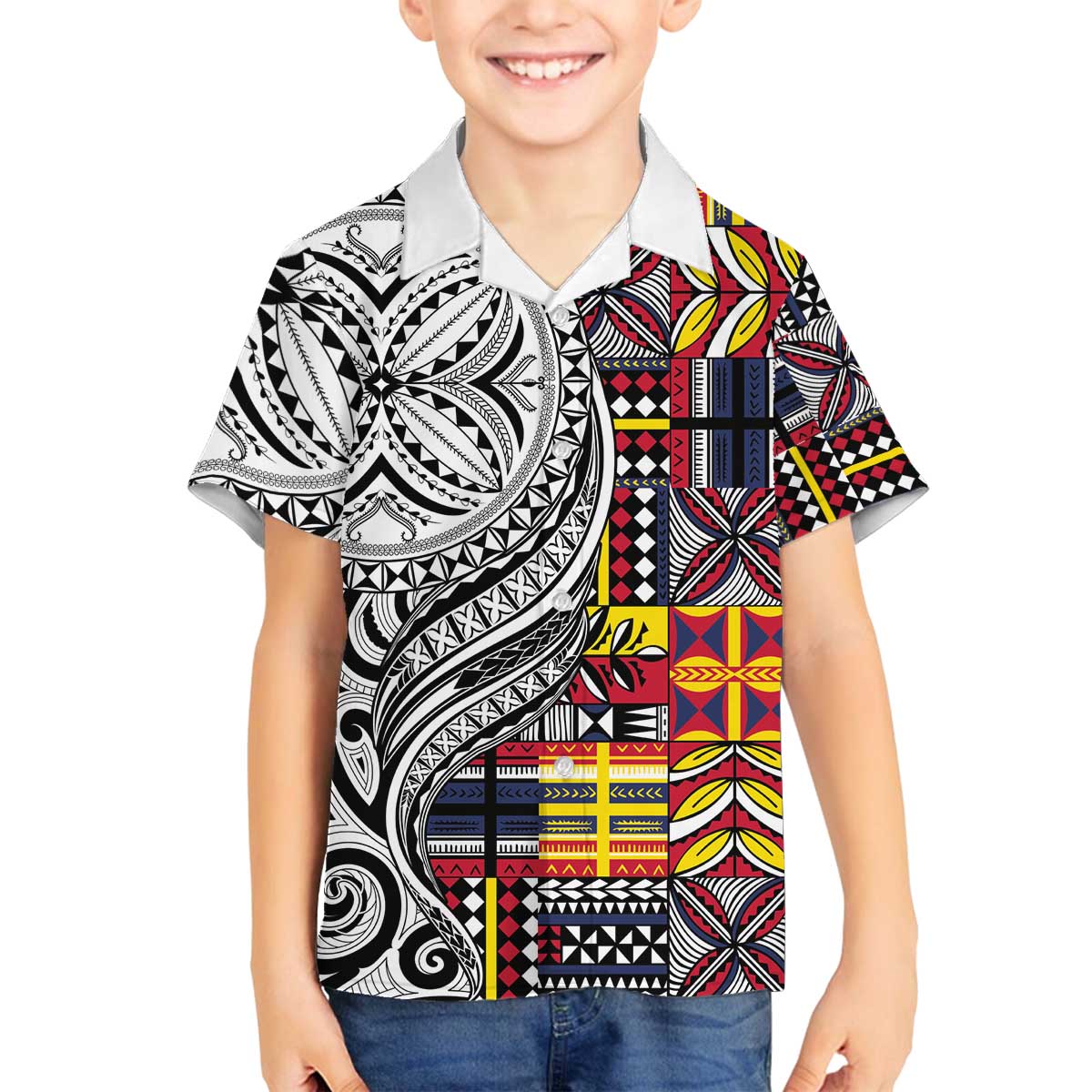 Niue Hiapo and Maori Decoration Tattoos Family Matching Off The Shoulder Long Sleeve Dress and Hawaiian Shirt LT03 Son's Shirt White - Polynesian Pride