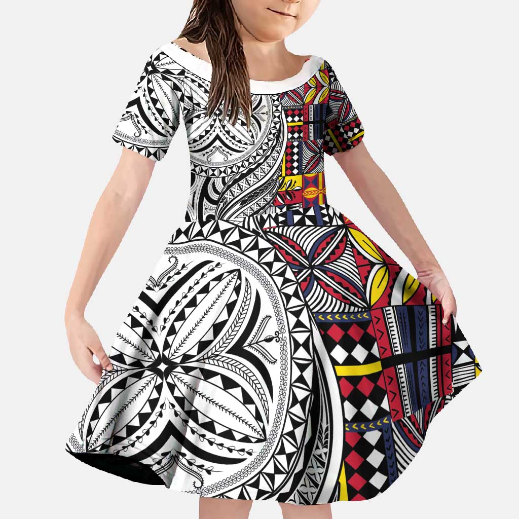Niue Hiapo and Maori Decoration Tattoos Family Matching Off Shoulder Maxi Dress and Hawaiian Shirt LT03 Daughter's Dress White - Polynesian Pride